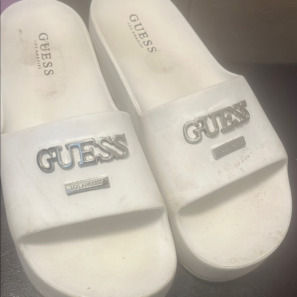 Guess White Slides with Silver Logo